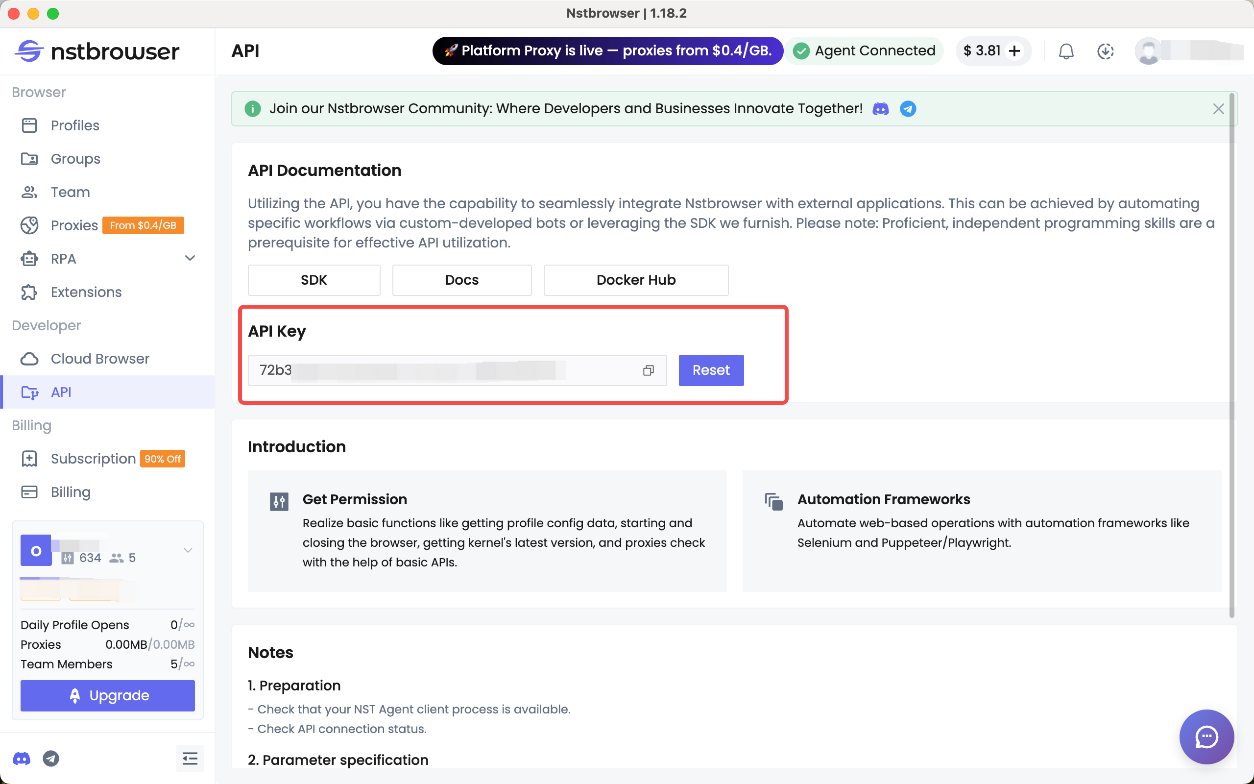 Generate and copy the Nstbrowser API Key