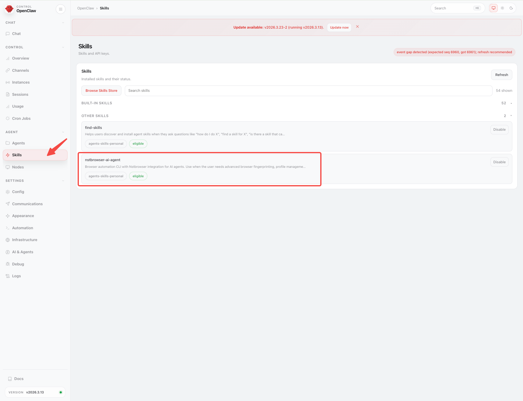 Enable Nstbrowser AI Agent Skills in the agent