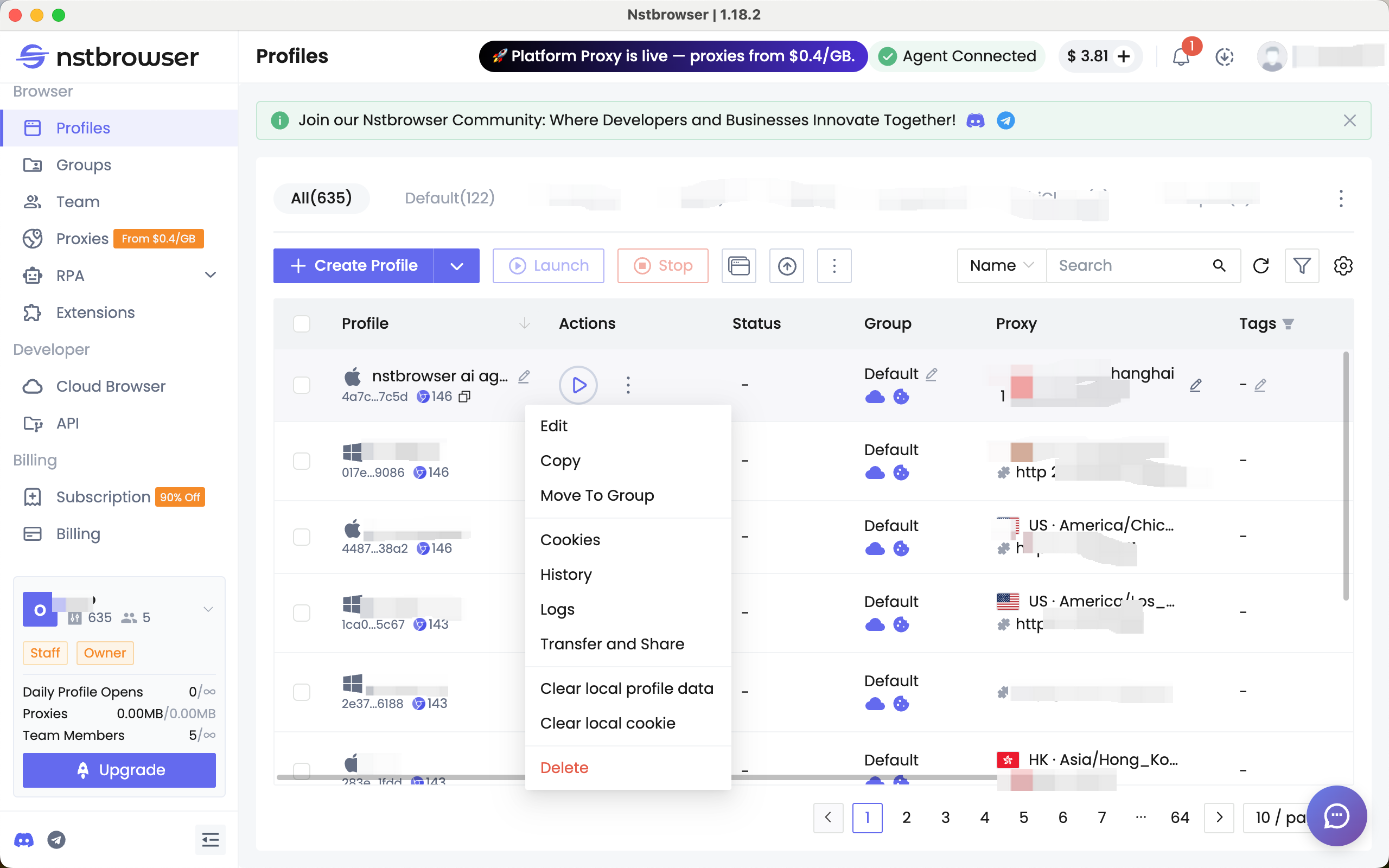 Locate the target profile in the profile list